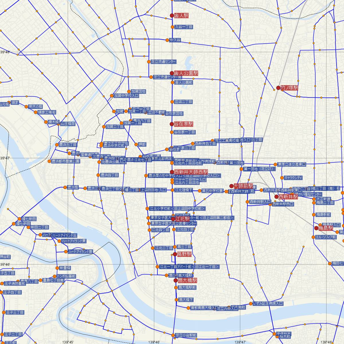 西新井大師西駅（都営地下鉄）周辺のバス路線図