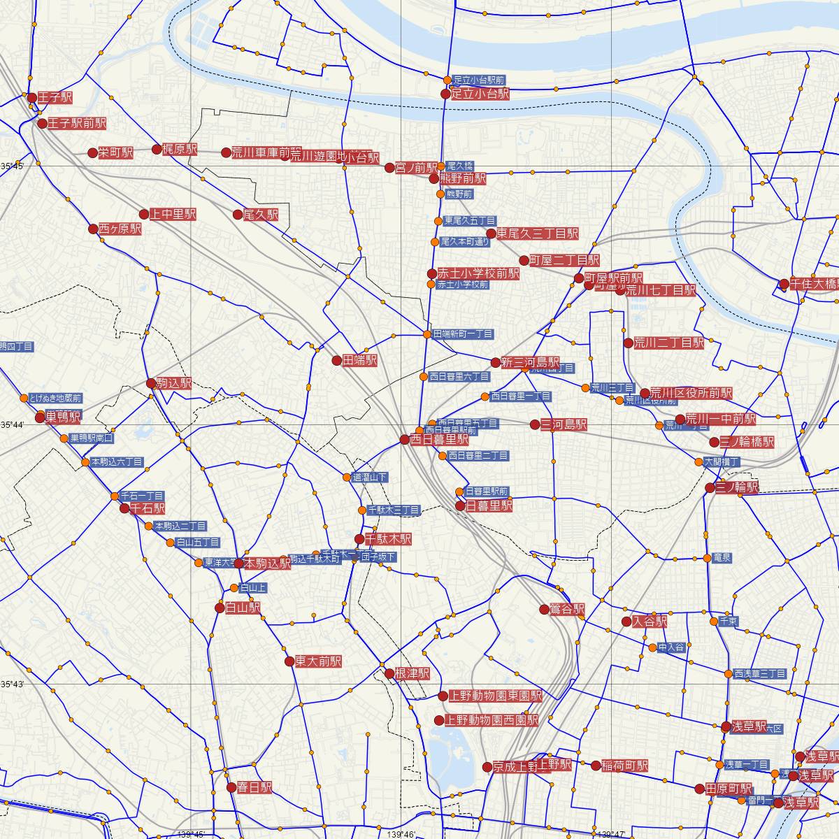 西日暮里駅（都営地下鉄）周辺のバス路線図