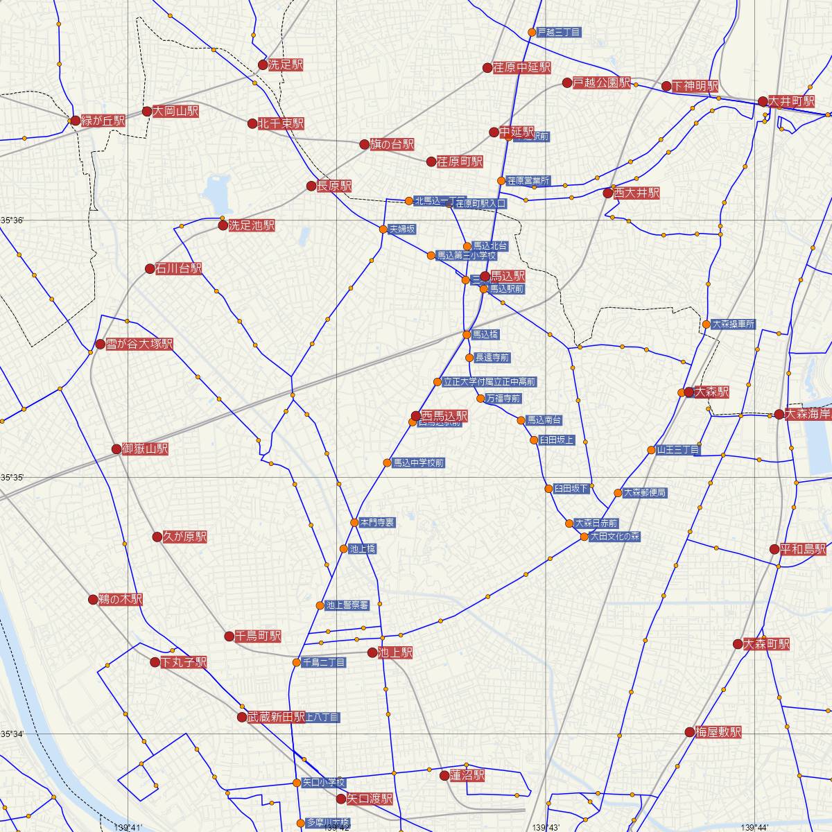 西馬込駅（都営地下鉄）周辺のバス路線図