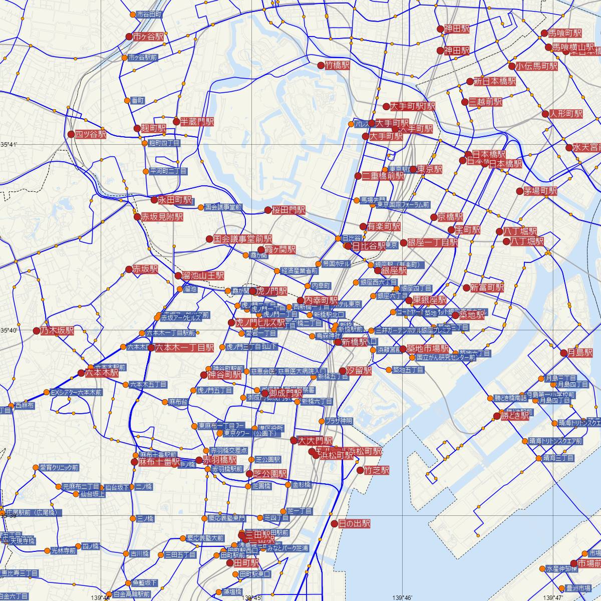 内幸町駅（都営地下鉄）周辺のバス路線図