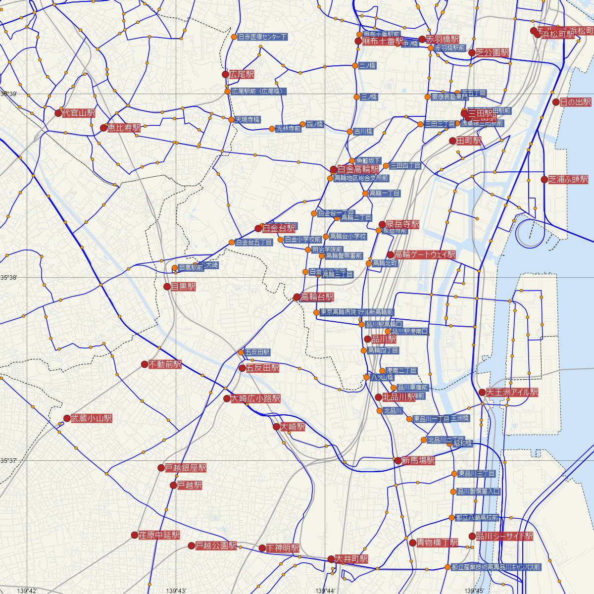 高輪台駅（都営地下鉄）周辺のバス路線図