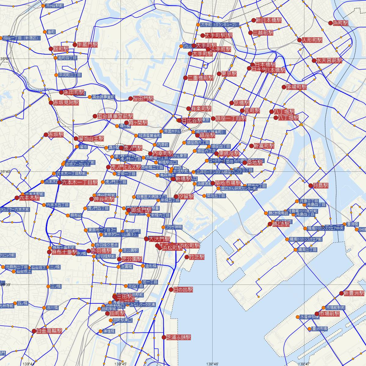 汐留駅（都営地下鉄）周辺のバス路線図