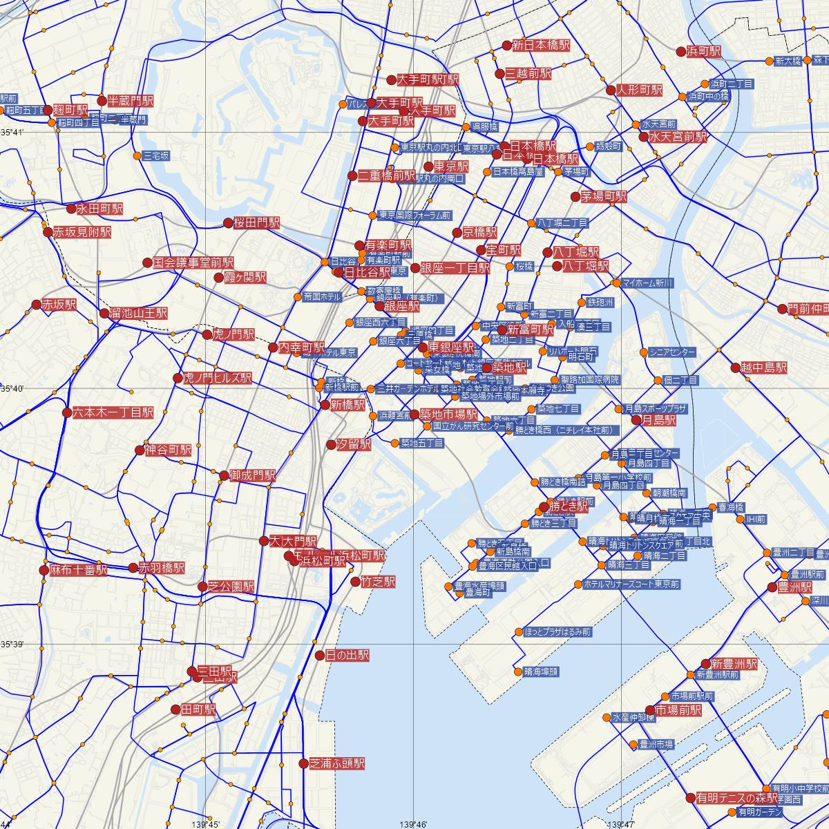 築地市場駅（都営地下鉄）周辺のバス路線図