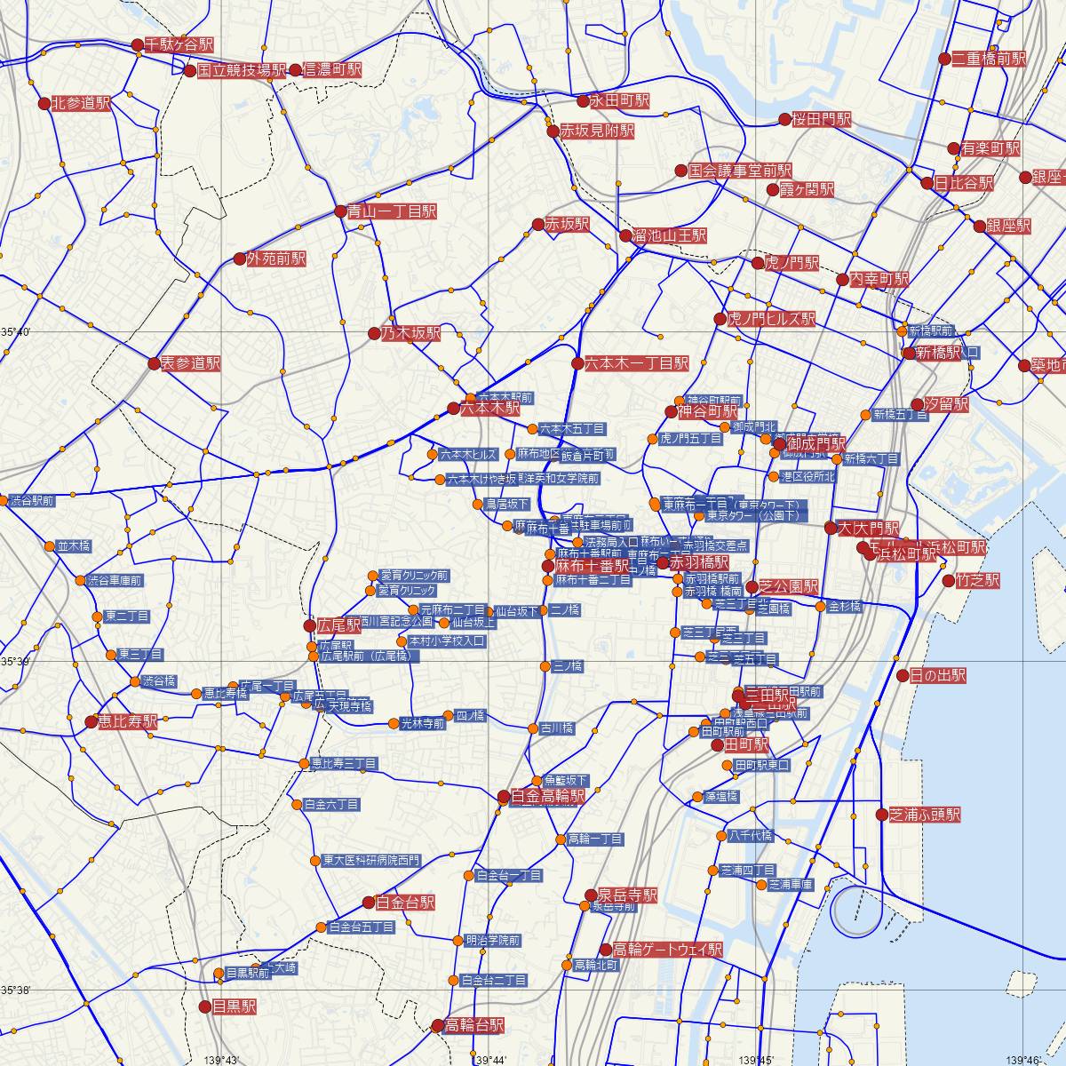 麻布十番駅（都営地下鉄）周辺のバス路線図