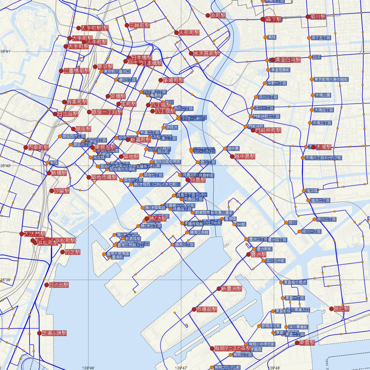 月島駅（都営地下鉄）周辺のバス路線図