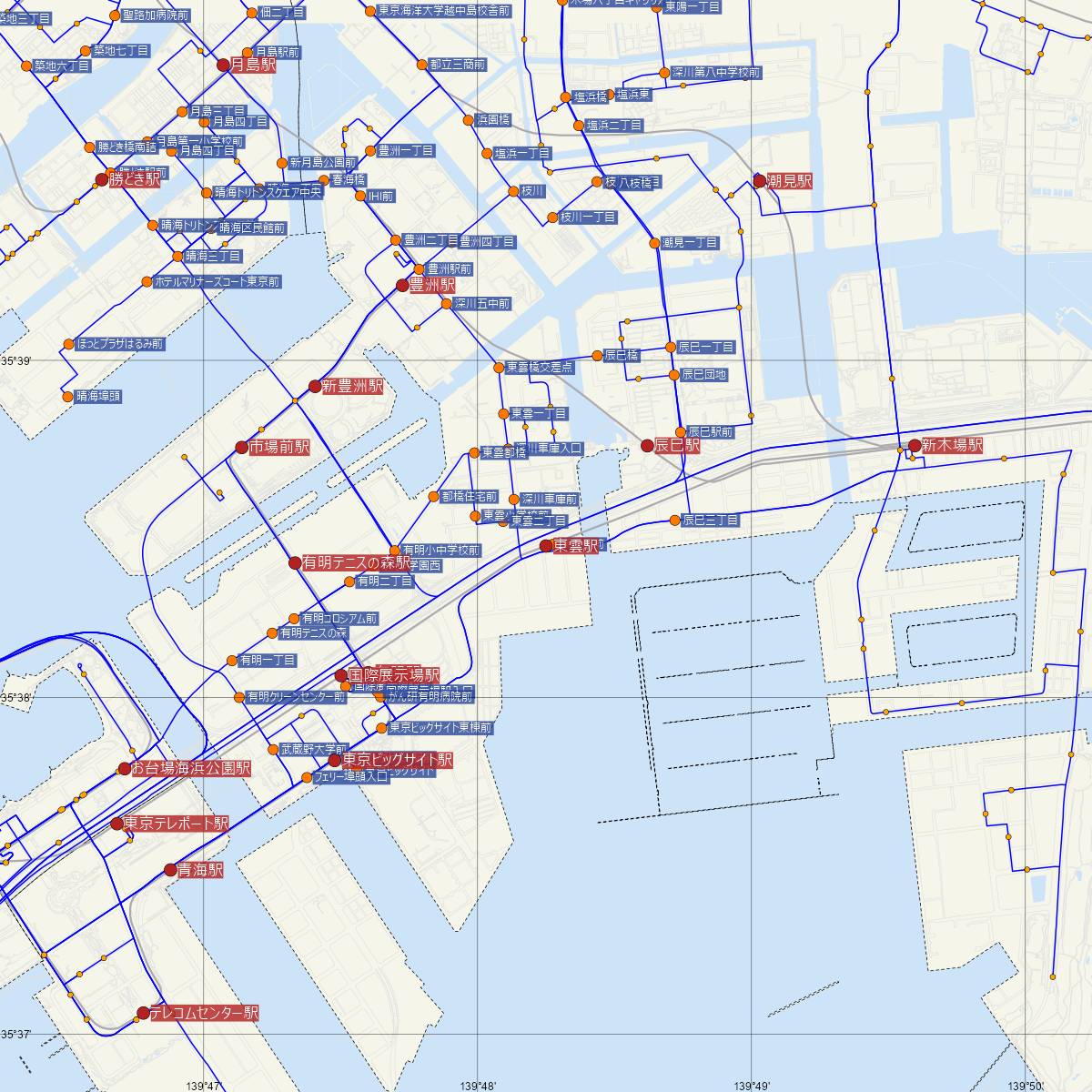 東雲駅（りんかい線）周辺のバス路線図