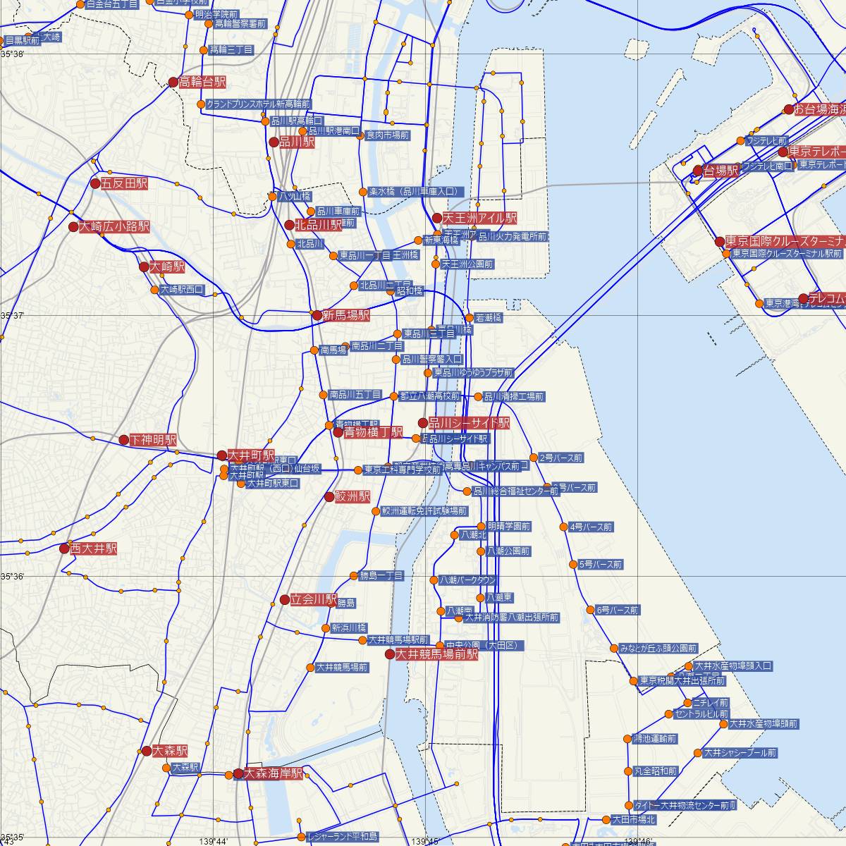 品川シーサイド駅（りんかい線）周辺のバス路線図