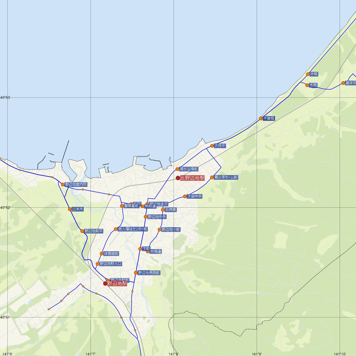 北野辺地駅（JR東日本）周辺のバス路線図