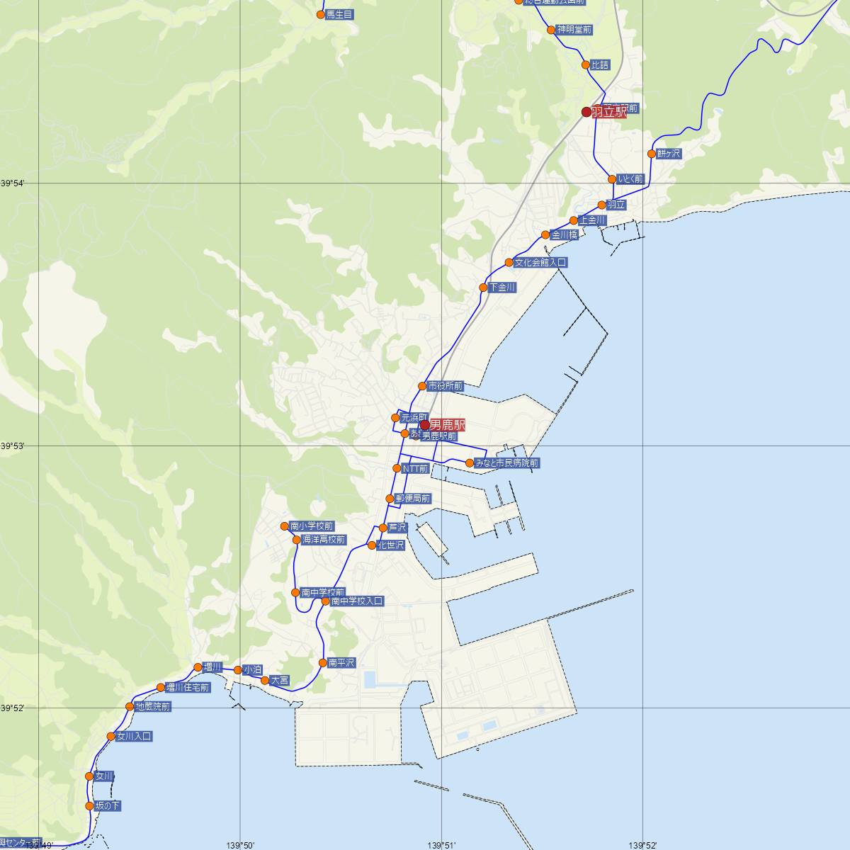 男鹿駅（JR東日本）周辺のバス路線図