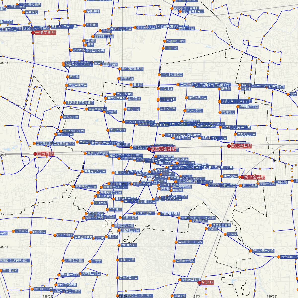 武蔵小金井駅（JR東日本）周辺のバス路線図