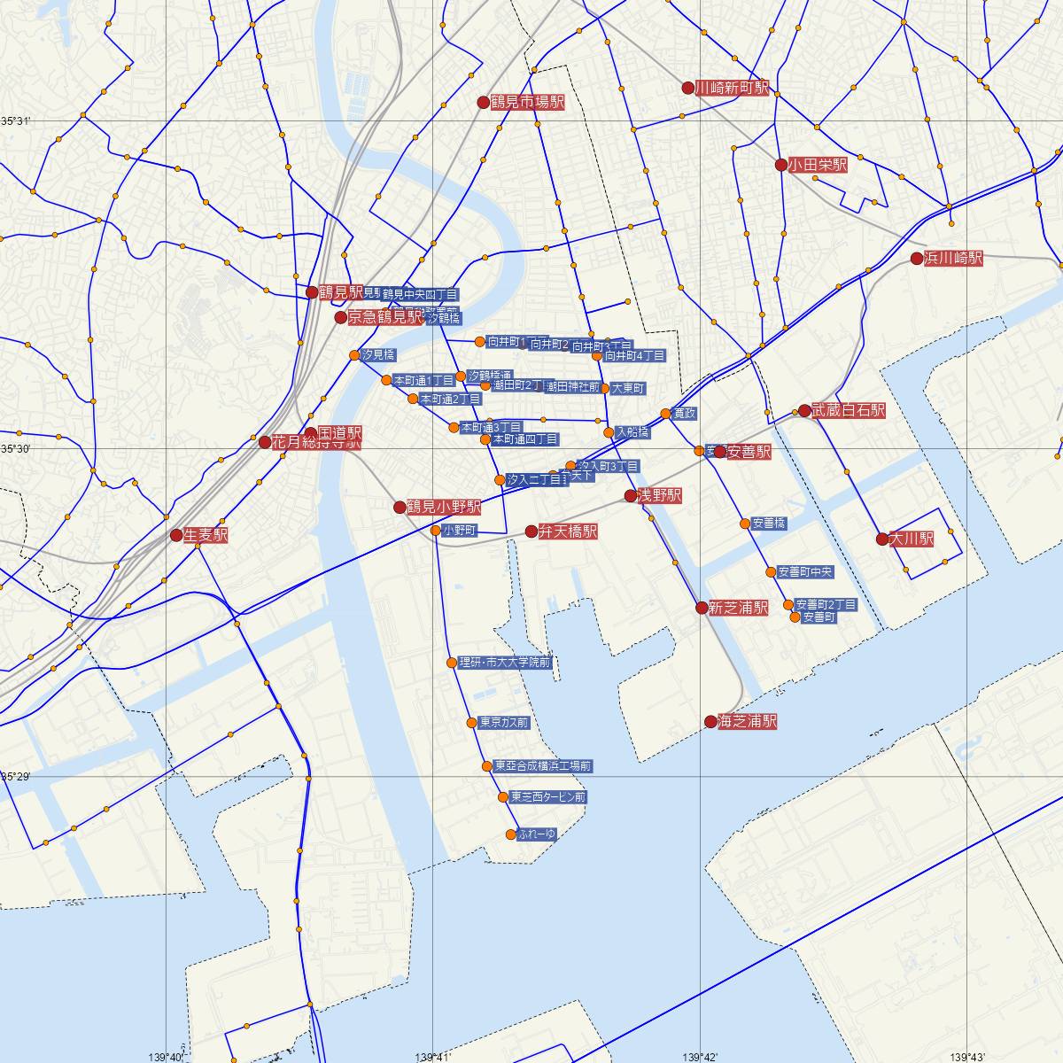 弁天橋駅（JR東日本）周辺のバス路線図