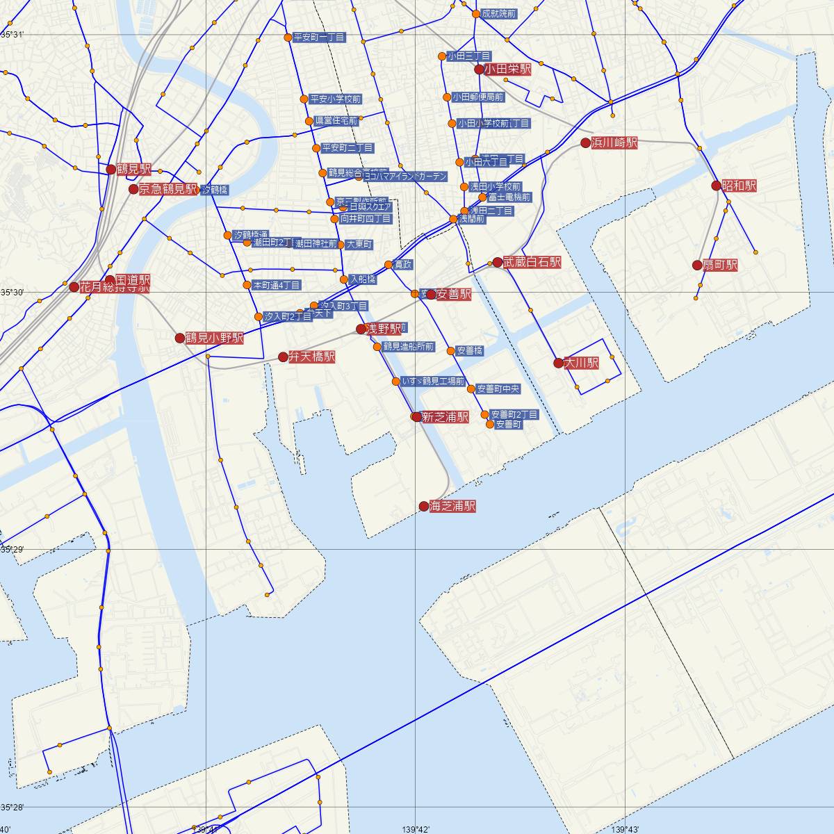 新芝浦駅（JR東日本）周辺のバス路線図