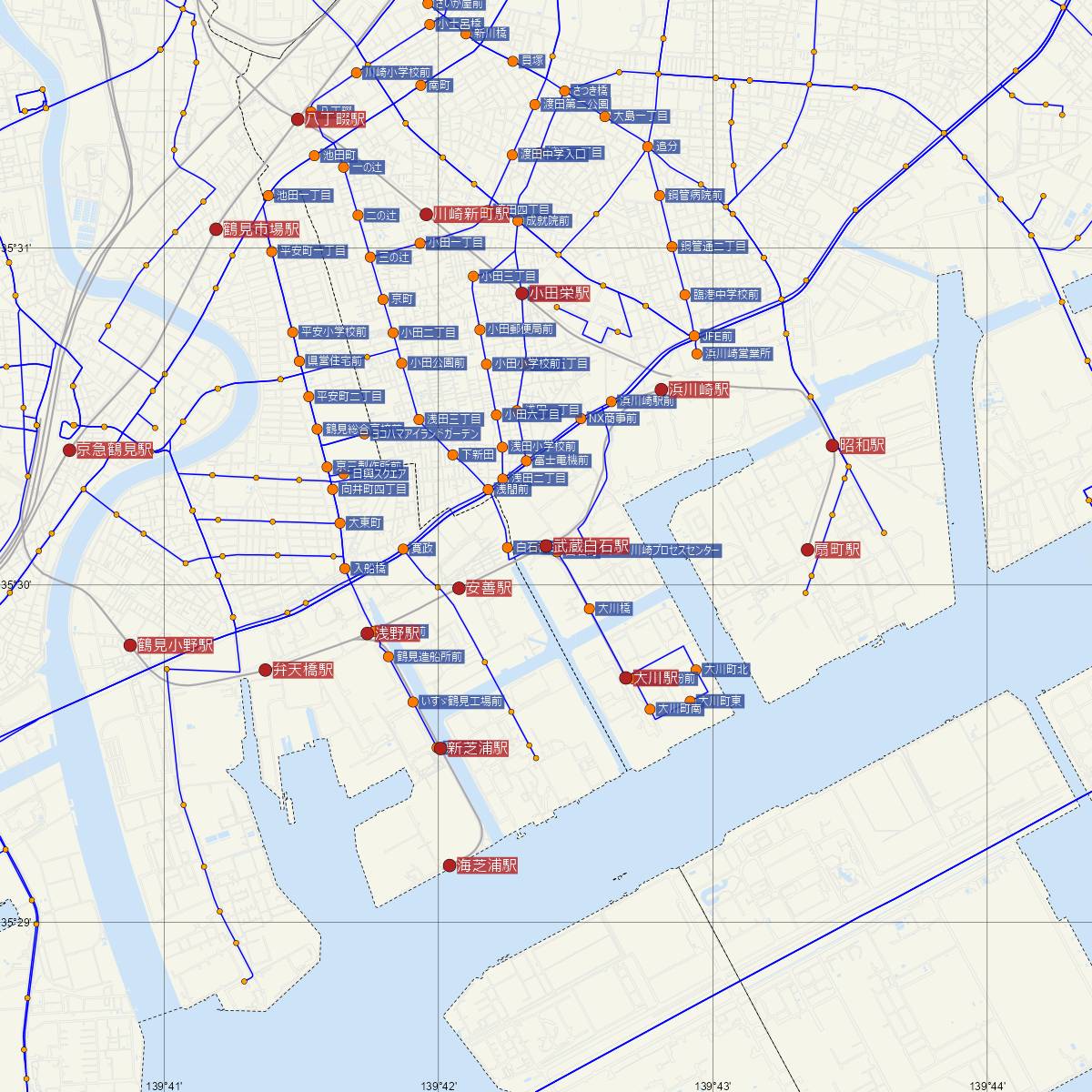 武蔵白石駅（JR東日本）周辺のバス路線図