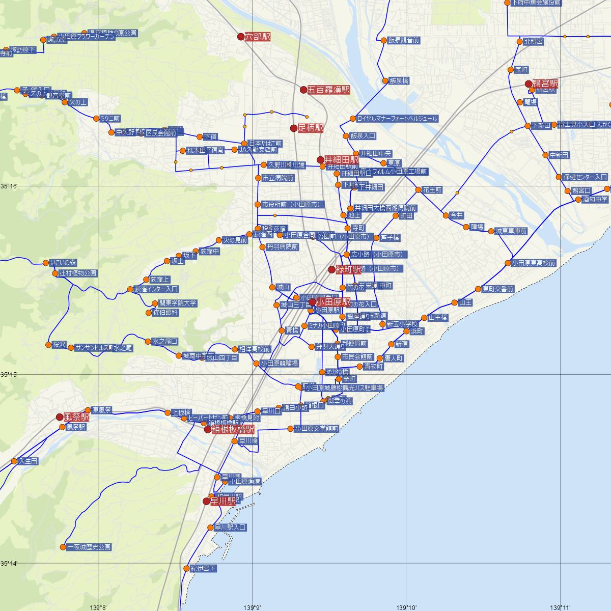 小田原駅（JR東日本）周辺のバス路線図