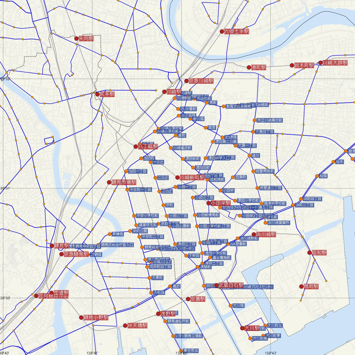 川崎新町駅（JR東日本）周辺のバス路線図