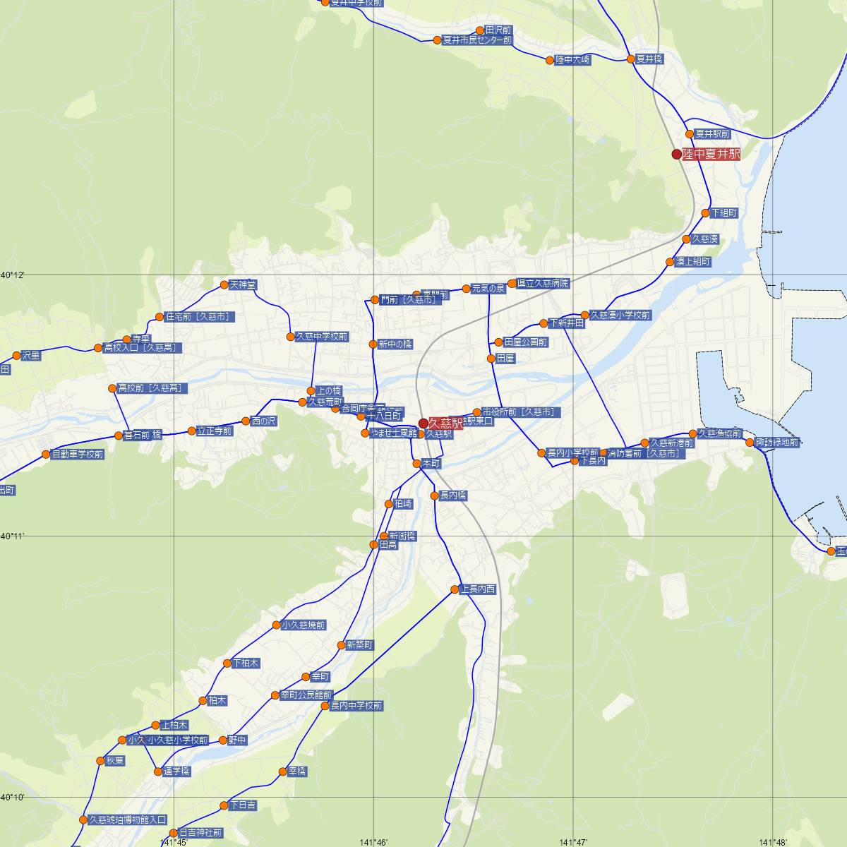 久慈駅（JR東日本）周辺のバス路線図