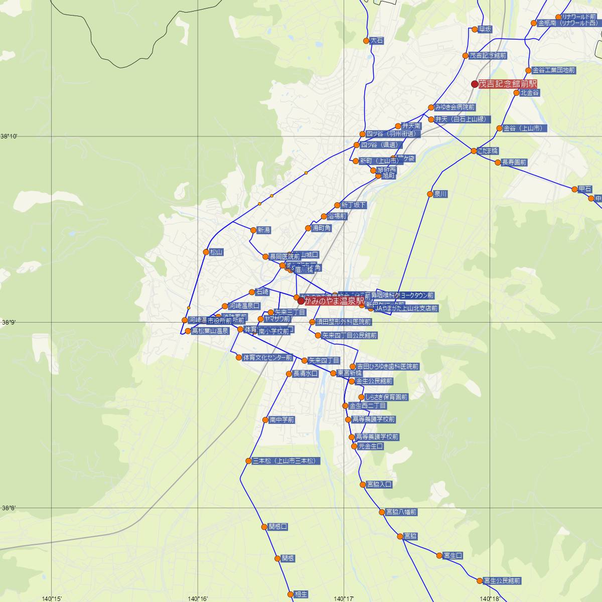 かみのやま温泉駅（JR東日本）周辺のバス路線図
