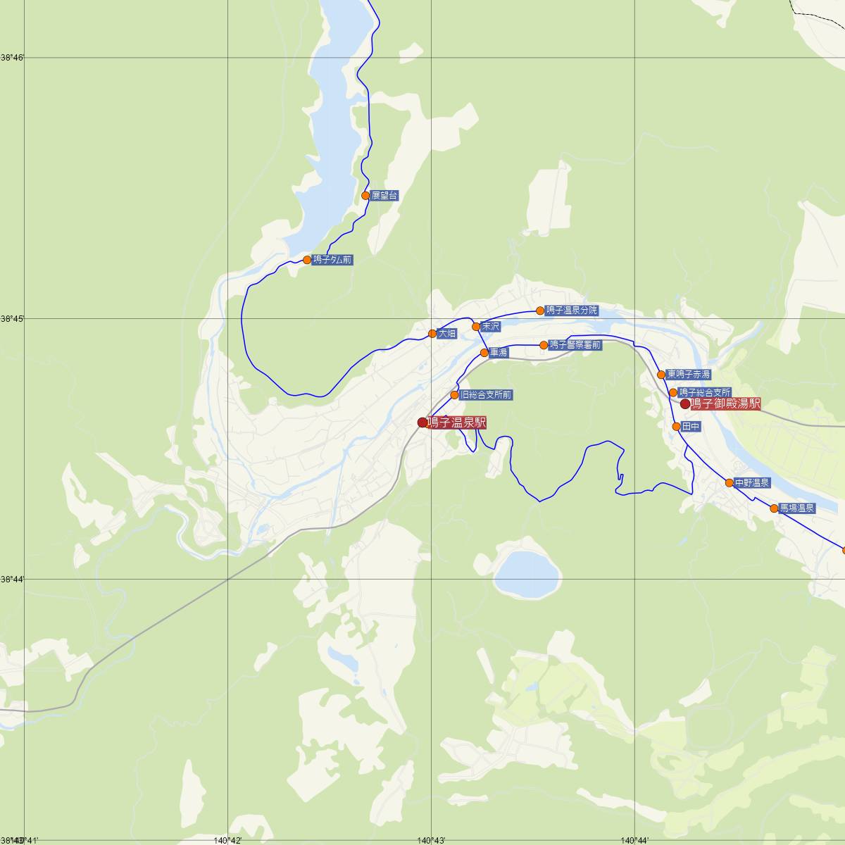 鳴子温泉駅（JR東日本）周辺のバス路線図