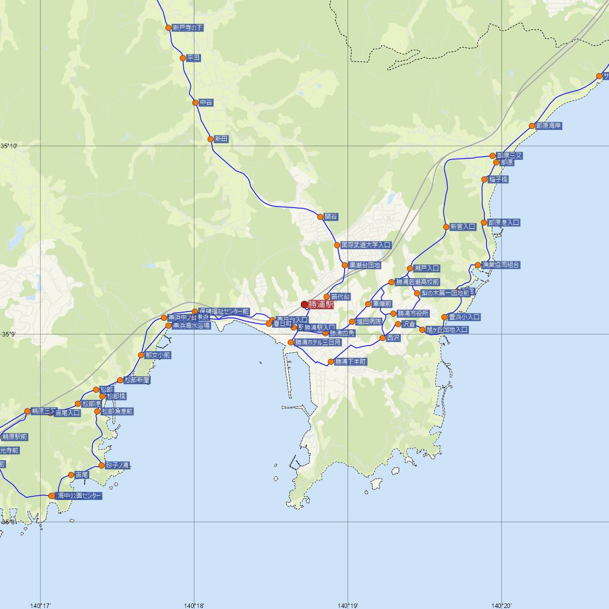 勝浦駅（JR東日本）周辺のバス路線図