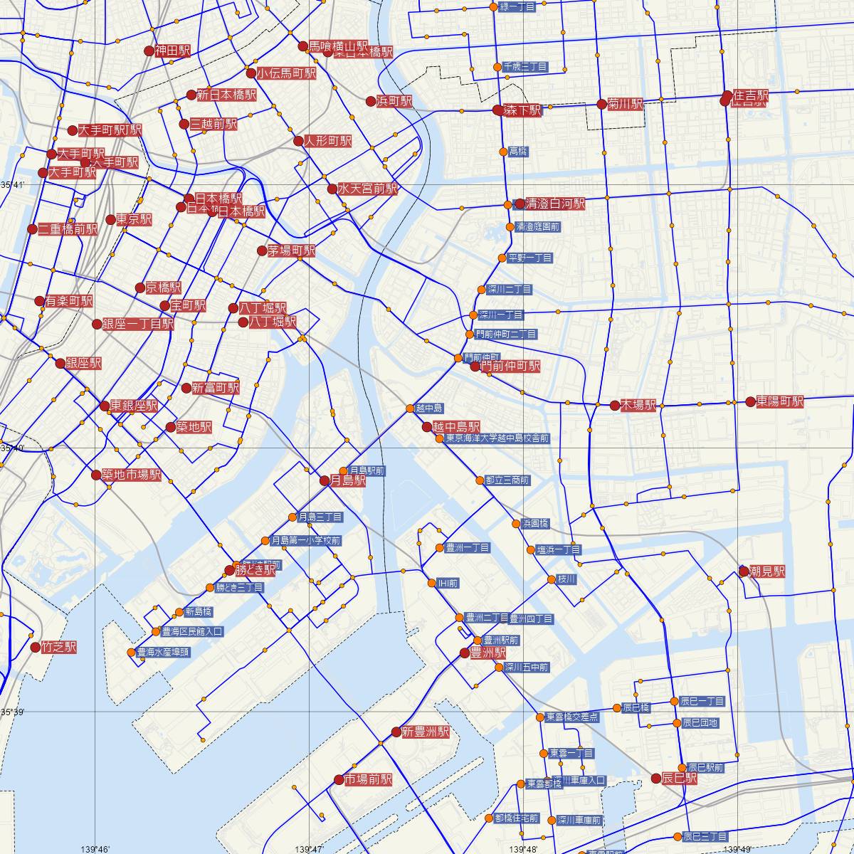 越中島駅（JR東日本）周辺のバス路線図