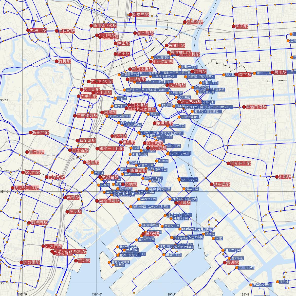 八丁堀駅（JR東日本）周辺のバス路線図