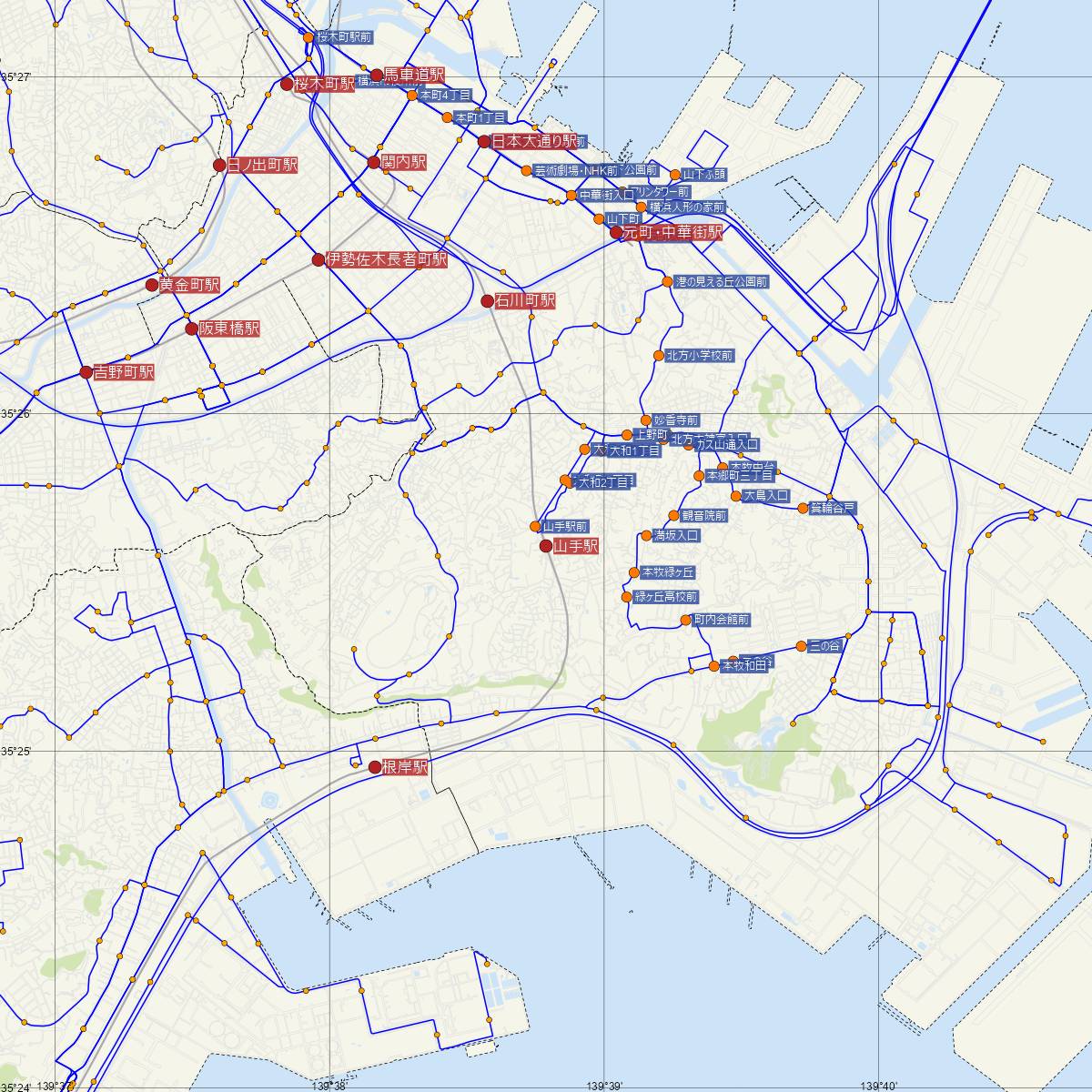 山手駅（JR東日本）周辺のバス路線図