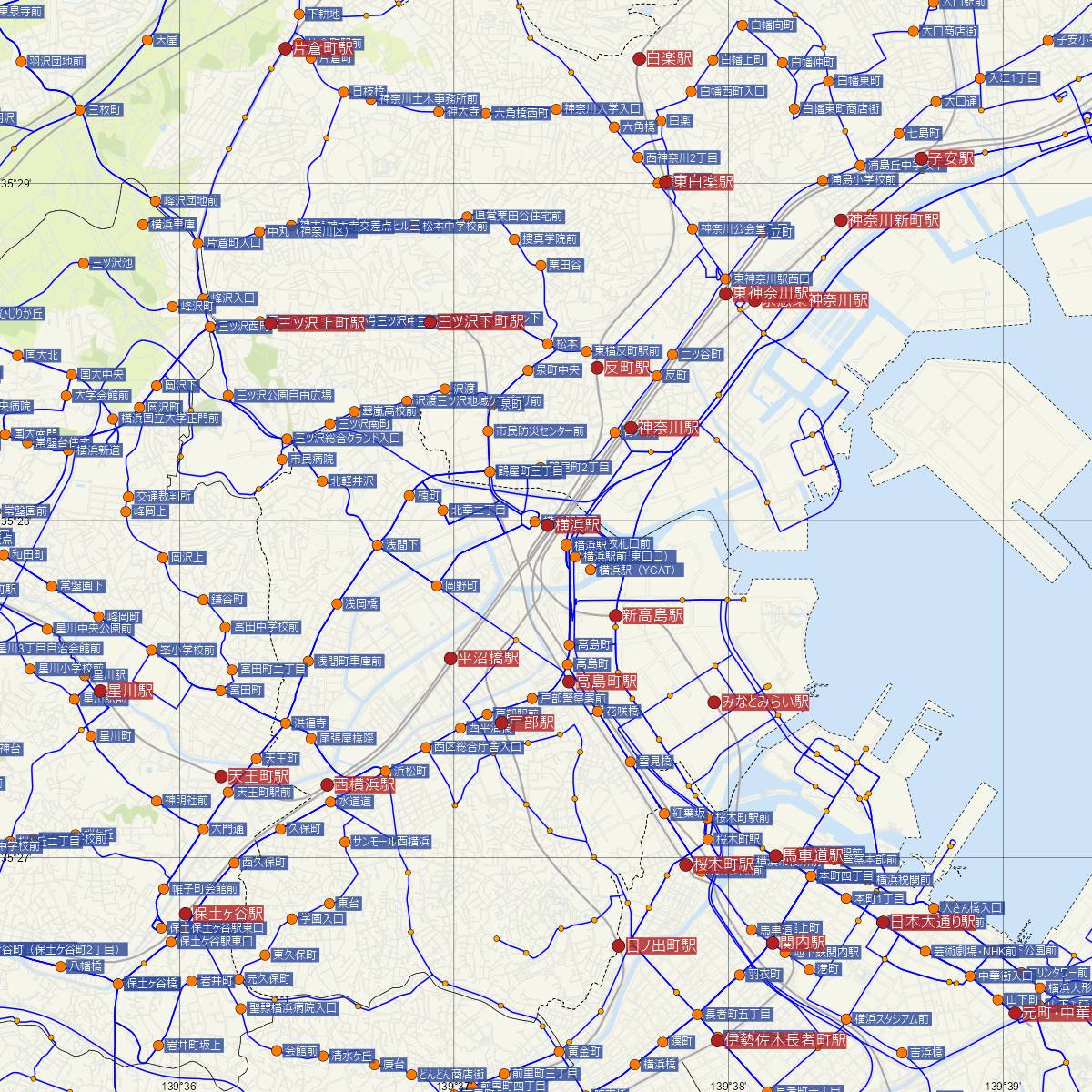 横浜駅（JR東日本）周辺のバス路線図