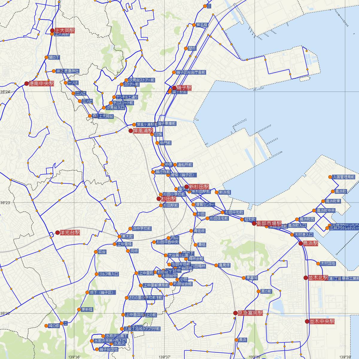 新杉田駅（JR東日本）周辺のバス路線図