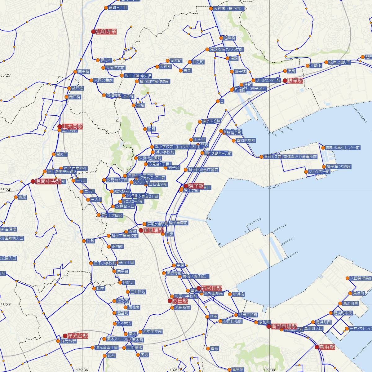 磯子駅（JR東日本）周辺のバス路線図