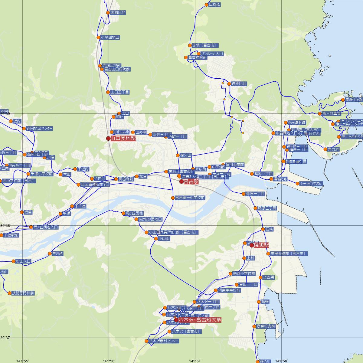 宮古駅（JR東日本）周辺のバス路線図