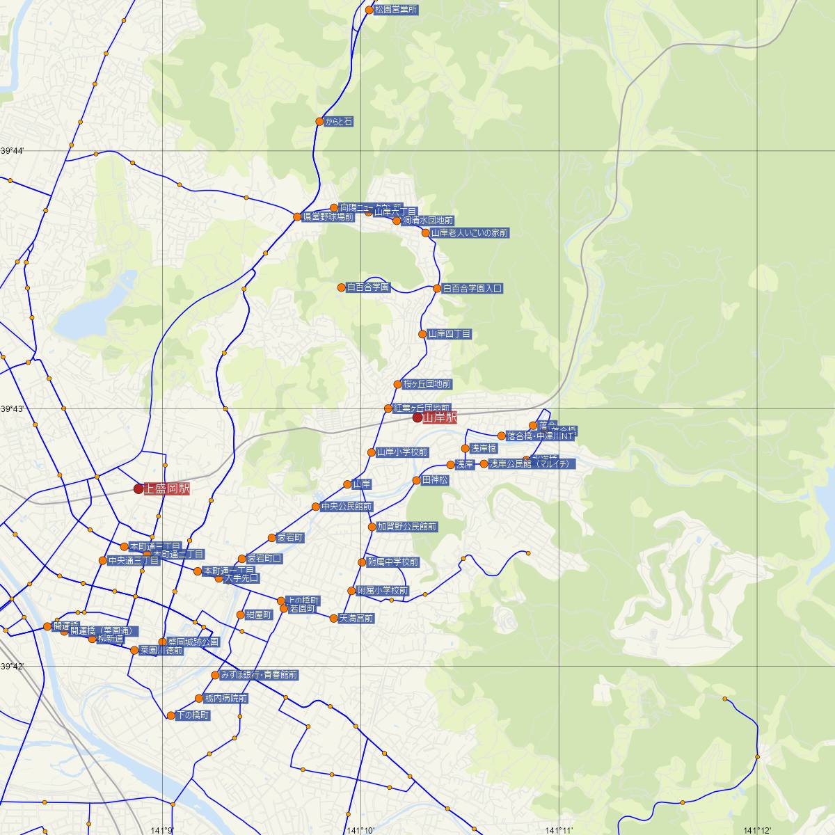 山岸駅（JR東日本）周辺のバス路線図