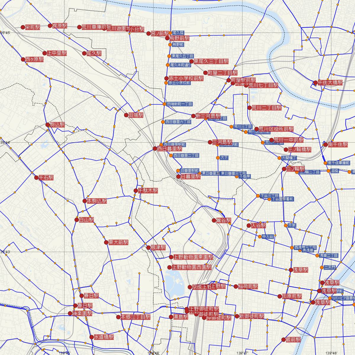 日暮里駅（JR東日本）周辺のバス路線図