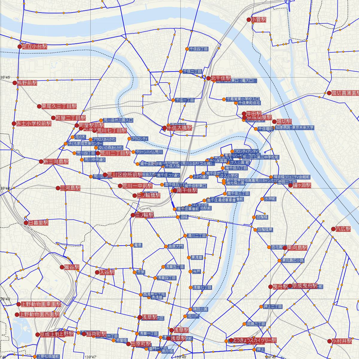 南千住駅（JR東日本）周辺のバス路線図