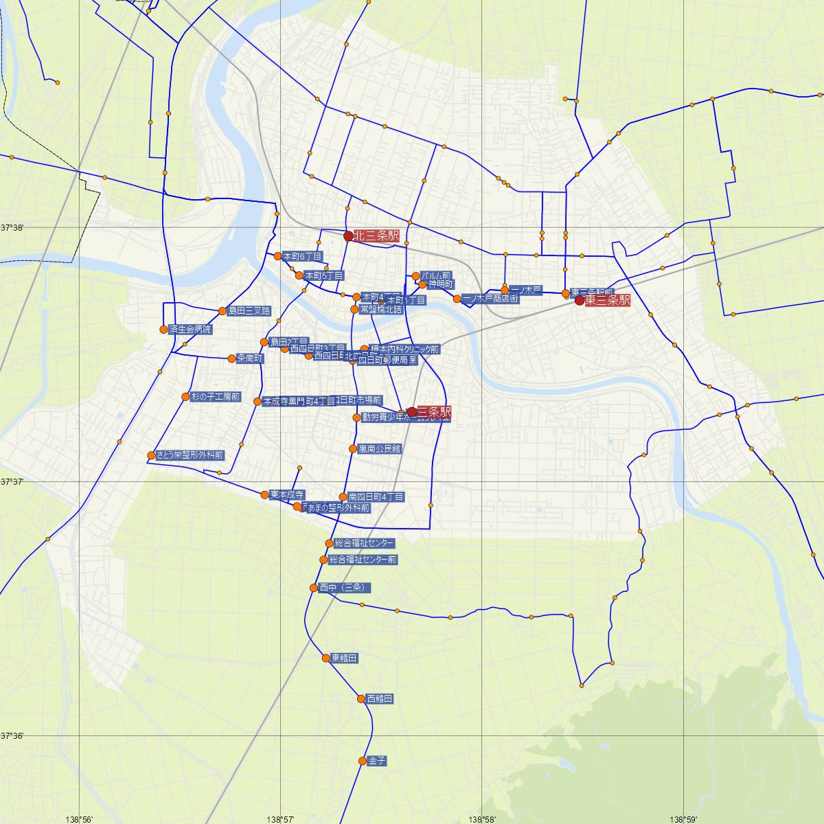 三条駅（JR東日本）周辺のバス路線図