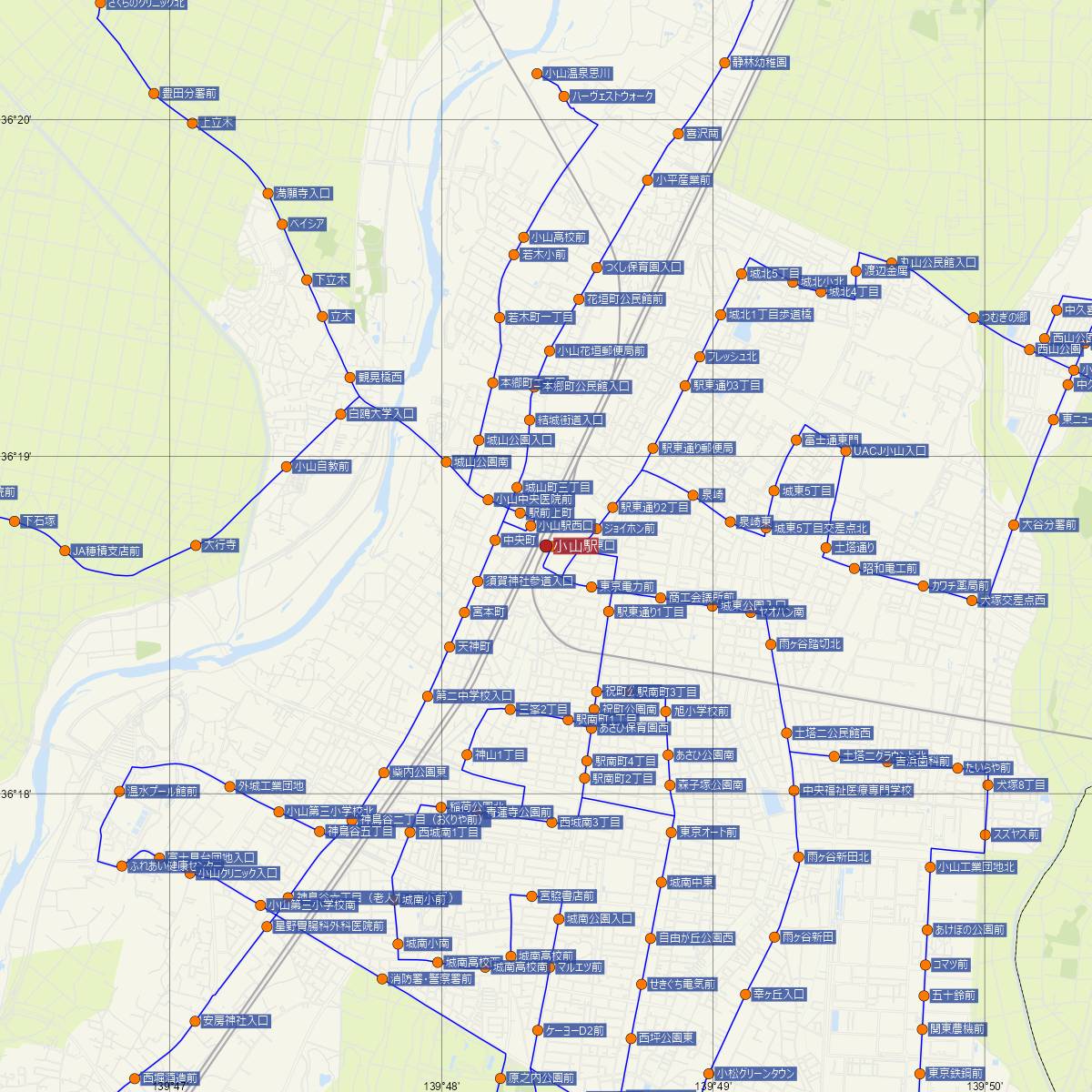 小山駅（JR東日本）周辺のバス路線図