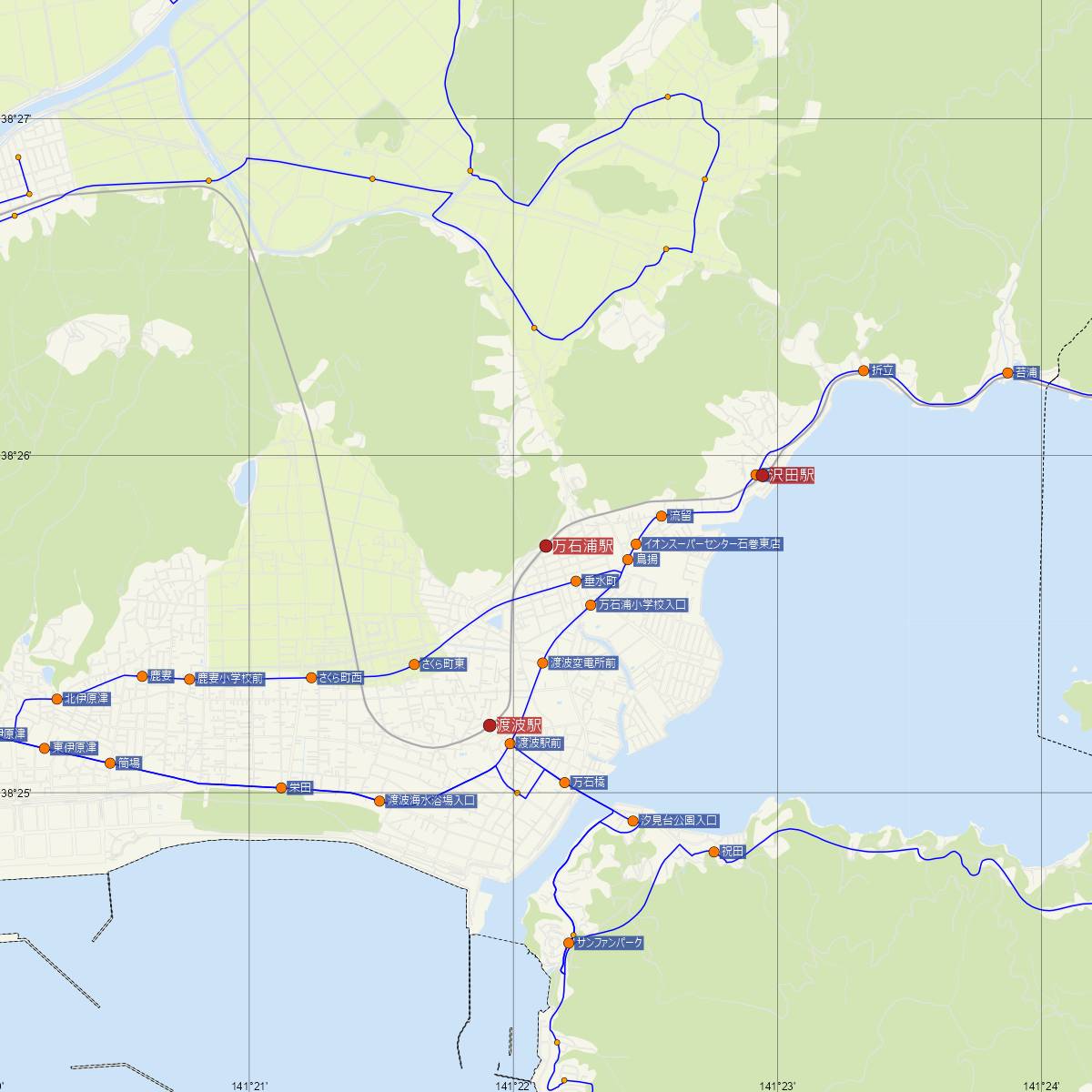 万石浦駅（JR東日本）周辺のバス路線図