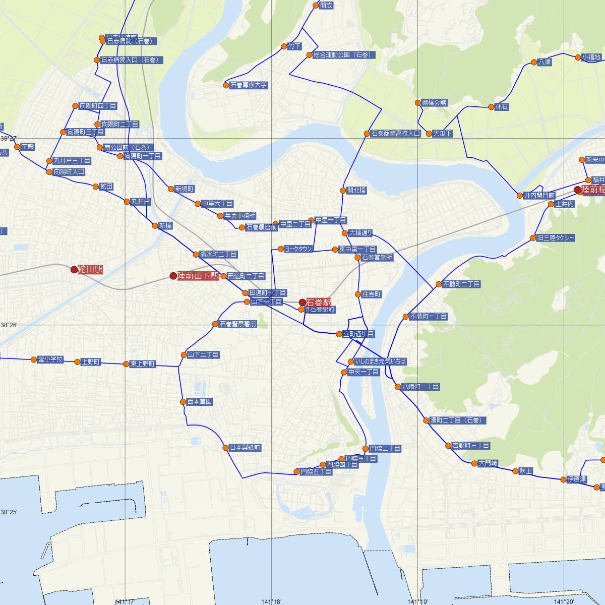 石巻駅（JR東日本）周辺のバス路線図