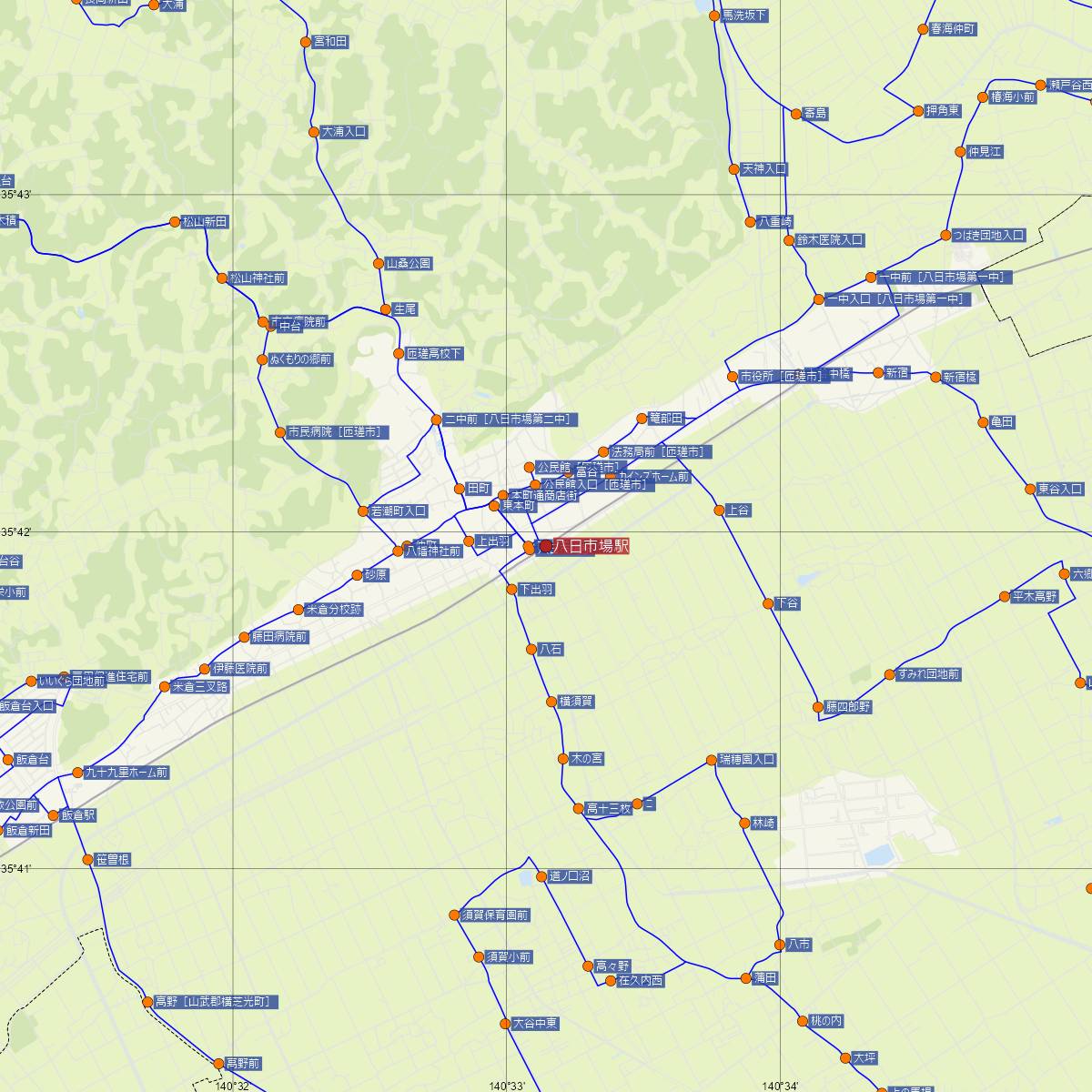 八日市場駅（JR東日本）周辺のバス路線図