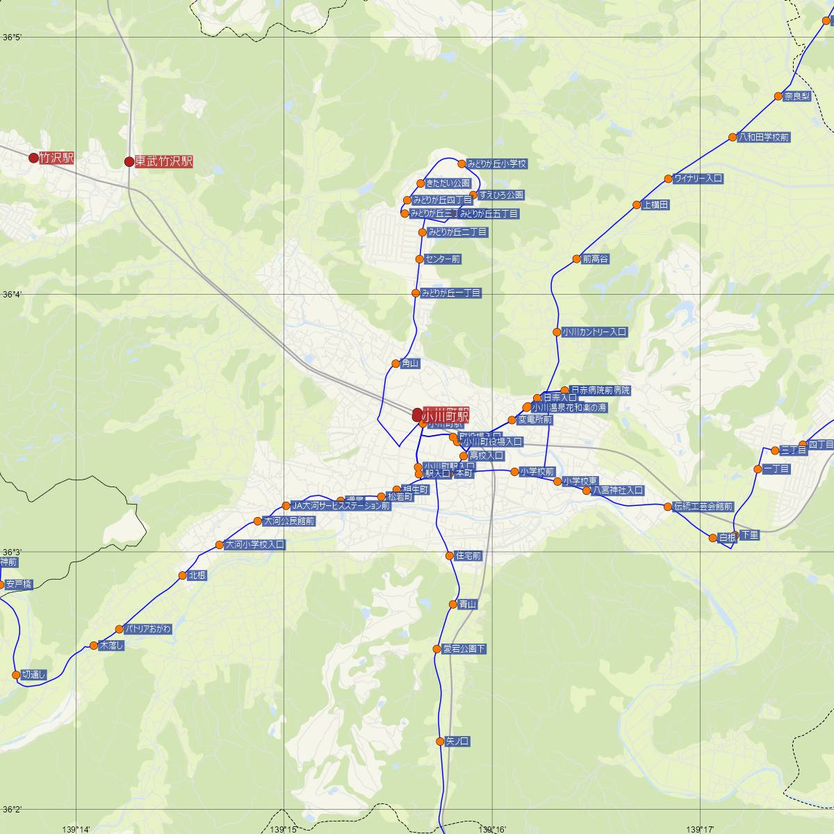 小川町駅（東武鉄道）周辺のバス路線図