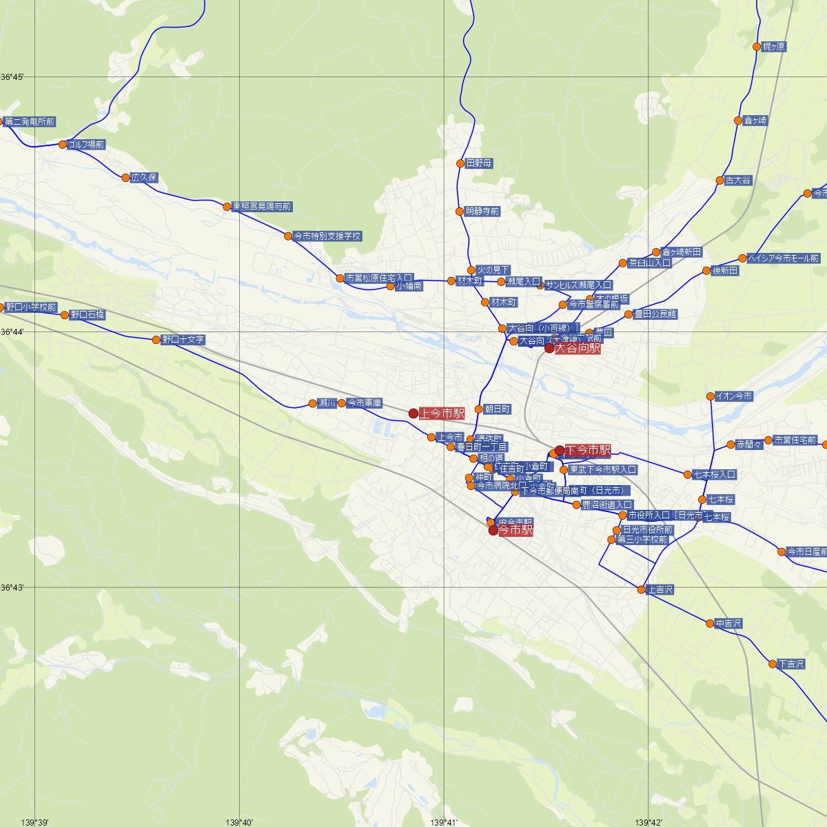 上今市駅（東武鉄道）周辺のバス路線図