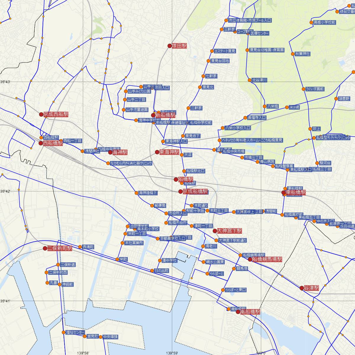 船橋駅（東武鉄道）周辺のバス路線図