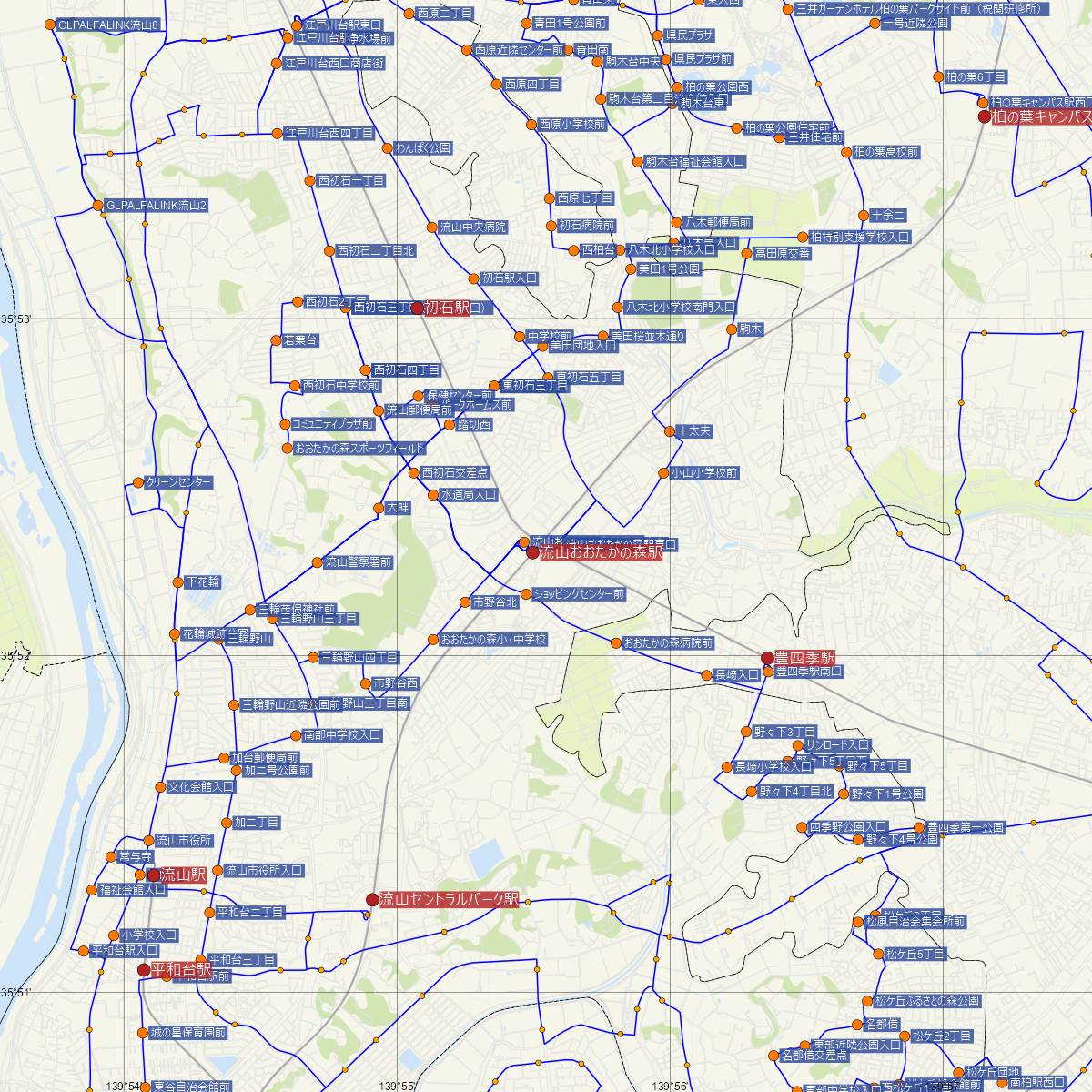流山おおたかの森駅（東武鉄道）周辺のバス路線図