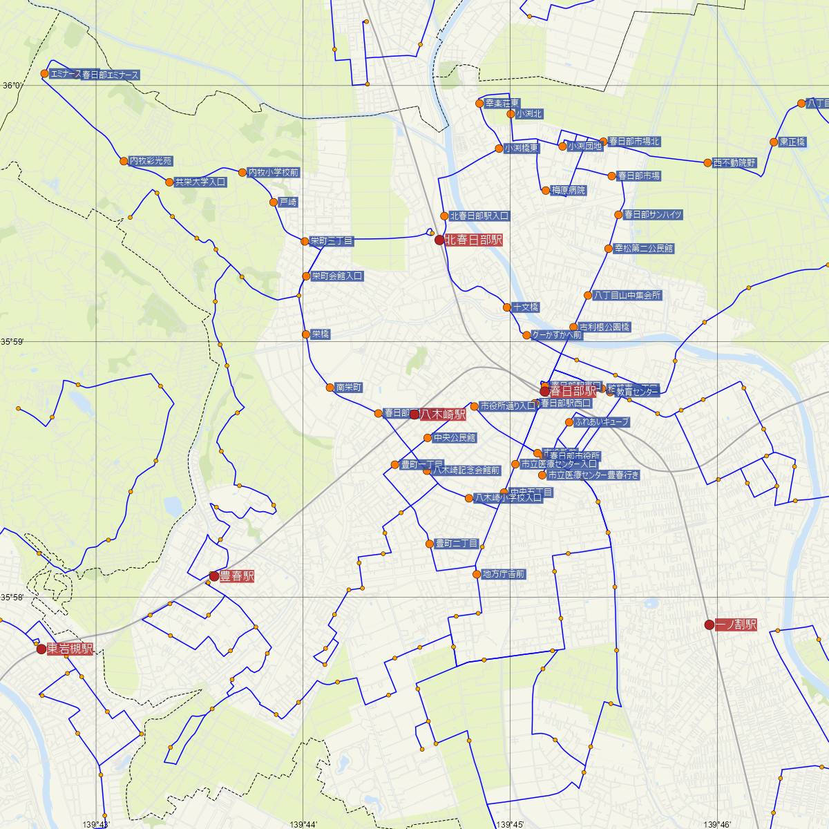 八木崎駅（東武鉄道）周辺のバス路線図