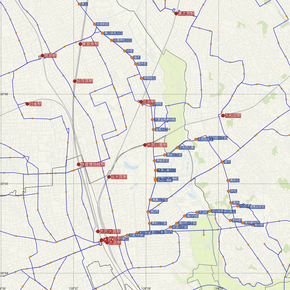 大宮公園駅（東武鉄道）周辺のバス路線図