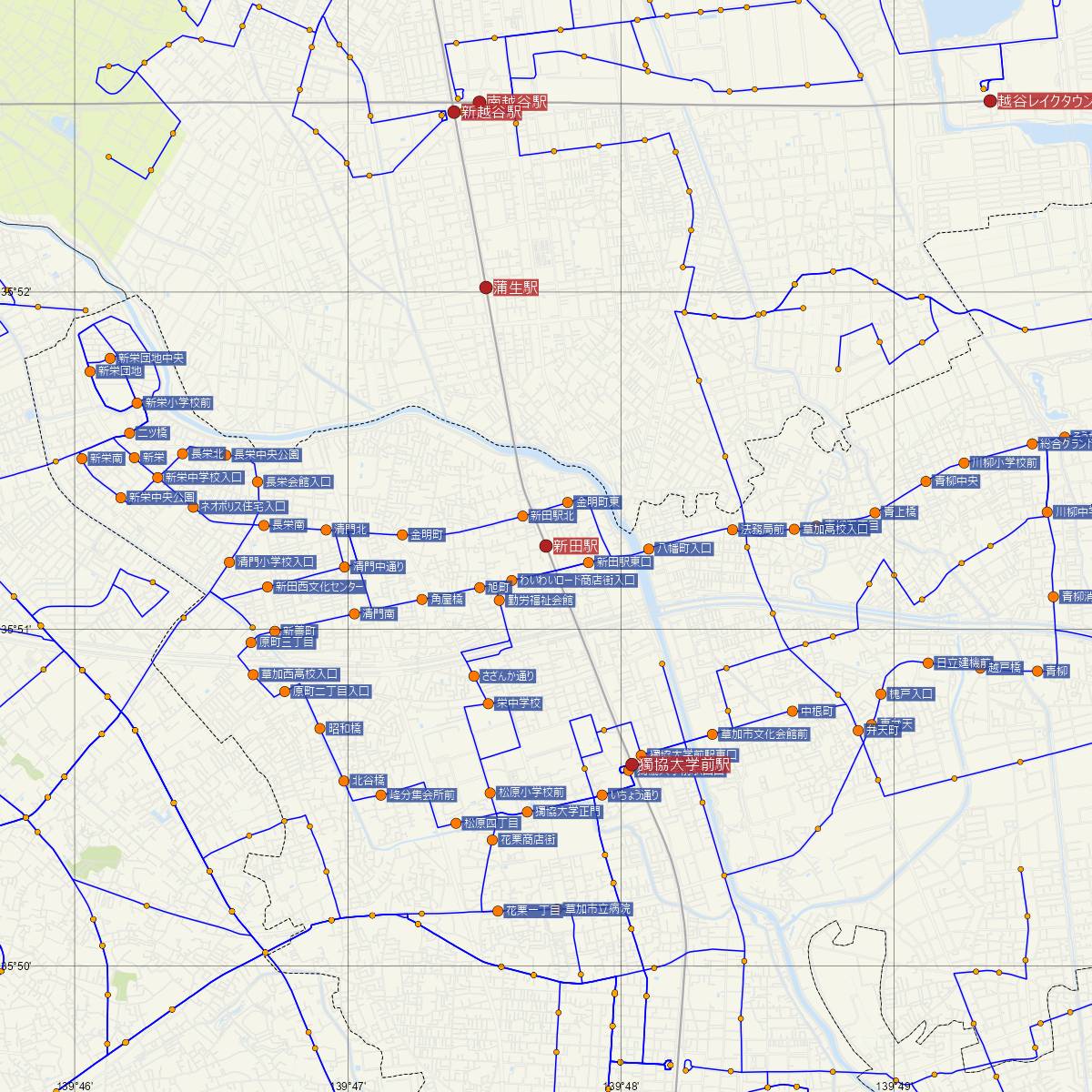 新田駅（東武鉄道）周辺のバス路線図