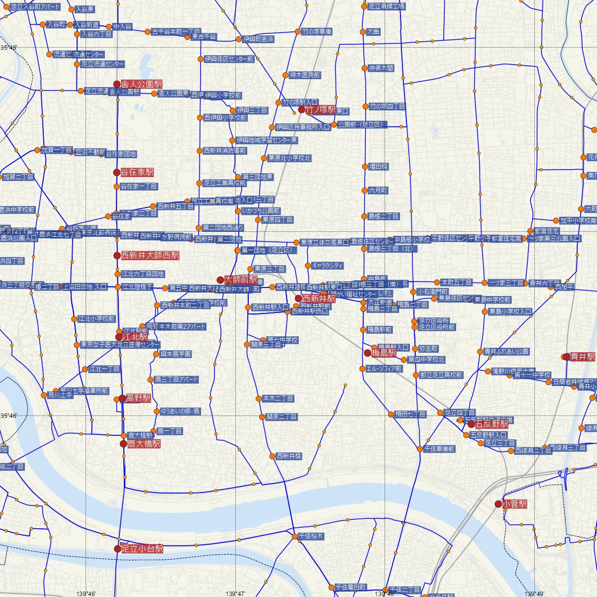 西新井駅（東武鉄道）周辺のバス路線図