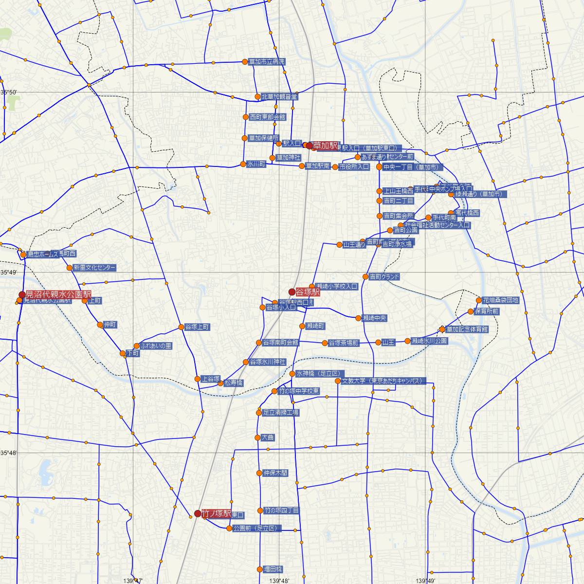 谷塚駅（東武鉄道）周辺のバス路線図