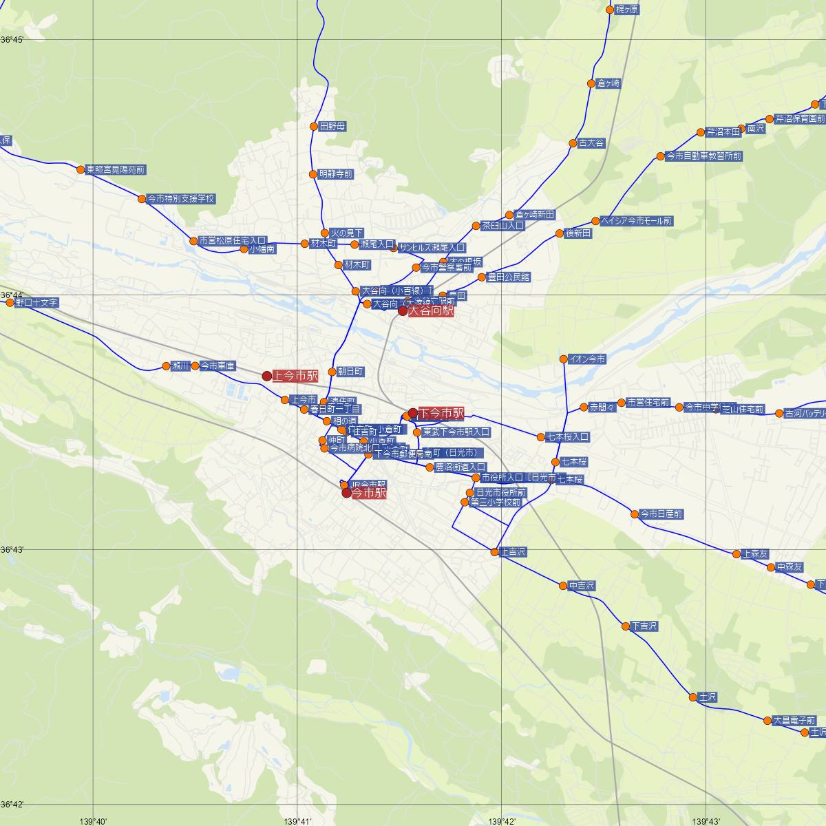 下今市駅（東武鉄道）周辺のバス路線図