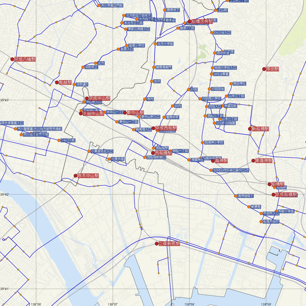 西船橋駅（東葉高速線）周辺のバス路線図