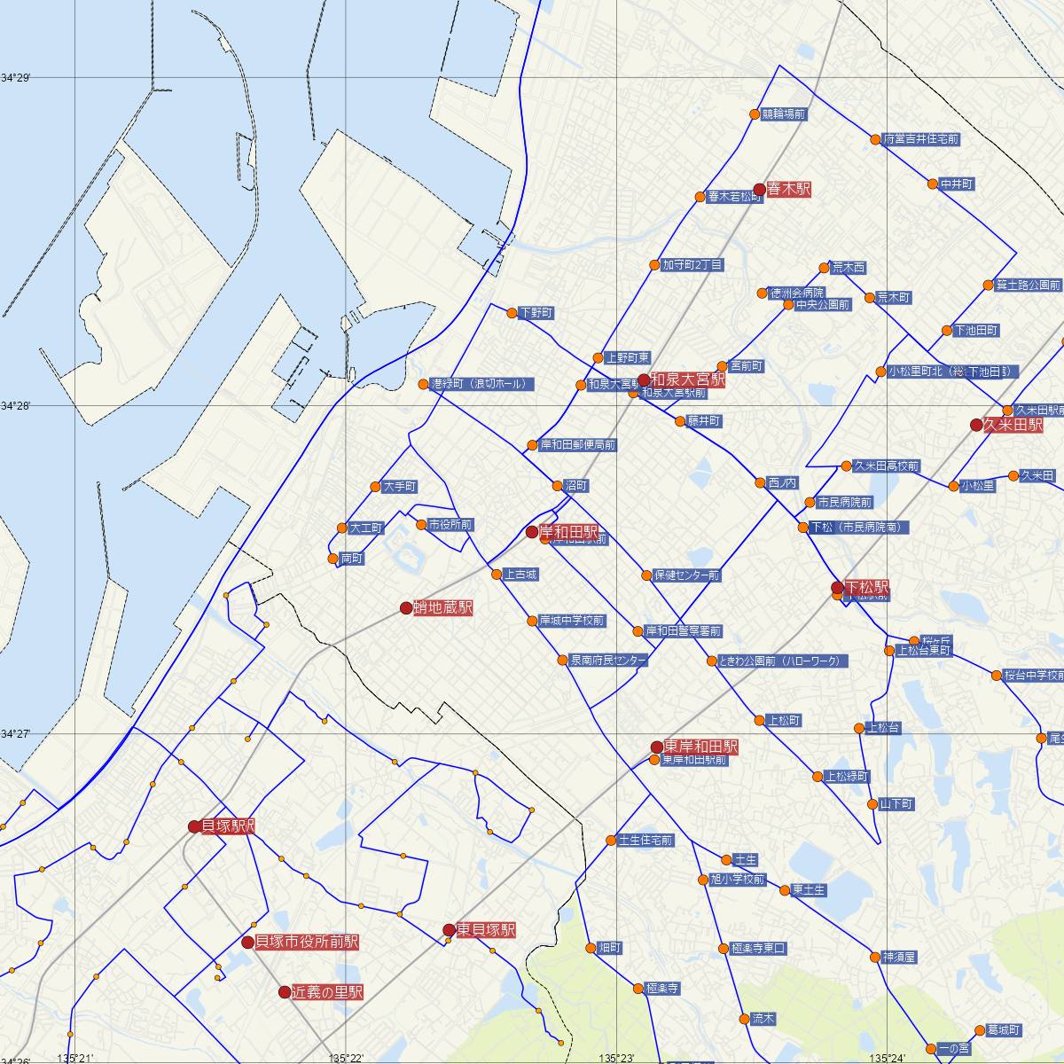 岸和田駅（南海電鉄）周辺のバス路線図